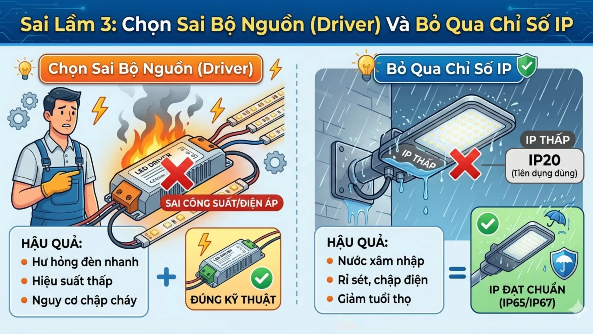 Sai Lầm 3: Chọn Sai Bộ Nguồn (Driver) Và Bỏ Qua Chỉ Số IP